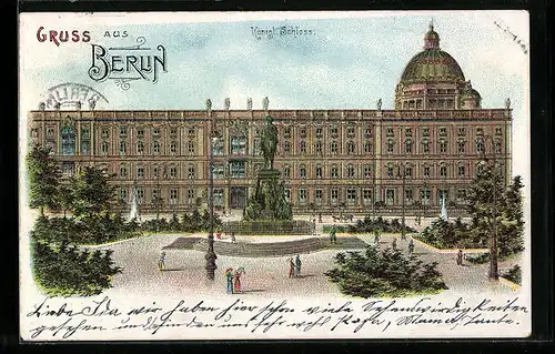 Lithographie Berlin, Königl. Schloss mit Reiterstandbild