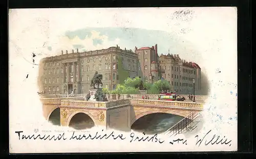 Lithographie Berlin, Blick auf die Kurfürstenbrücke und Schloss