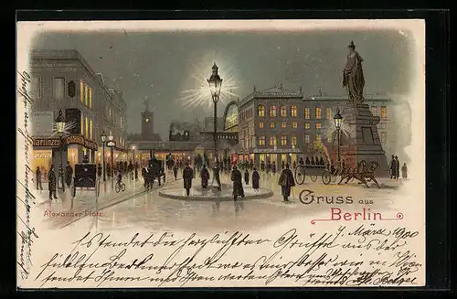 Lithographie Berlin, Alexanderplatz mit Denkmal und Laterne bei Nacht