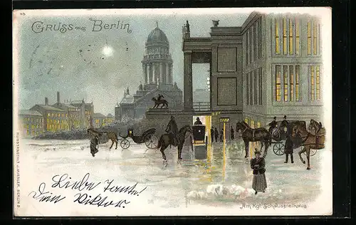 Lithographie Berlin, Königliches Schauspielhaus am Gendarmernmarkt mit Pferdewägen