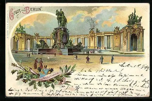 Lithographie Berlin, Partie am Kaiser Wilhelm Denkmal mit Passanten