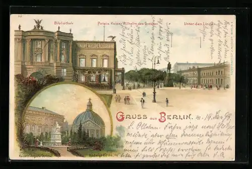 Lithographie Berlin, Bibliothek und Palais Kaiser Wilhelm des Grossen