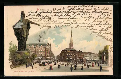 Lithographie Berlin, Passanten und Strassenbahn am Alexanderplatz