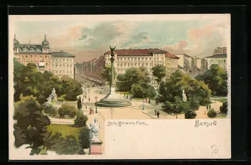 Lithographie Berlin-Kreuzberg, Belle-Alliance-Platz aus der Vogelschau