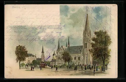 Lithographie Berlin-Kreuzberg, Kaiser Friedrich Platz, neue Garnisonkirche