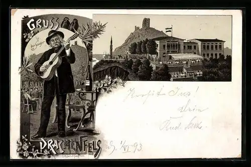 Vorläufer-Lithographie Königswinter, Gruss vom Drachenfels, Der Sänger 1893