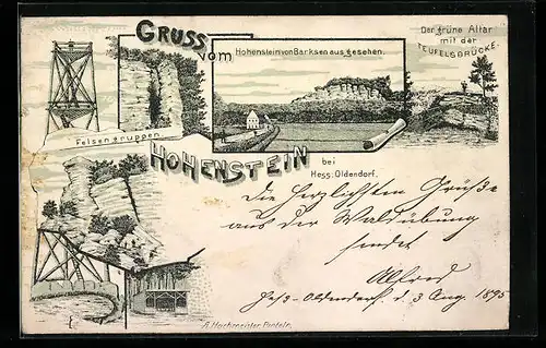 Vorläufer-Lithographie Hess. Oldendorf, Hohenstein mit Felsengruppen, Der grüne Altar mit der Teufelsbrücke 1895