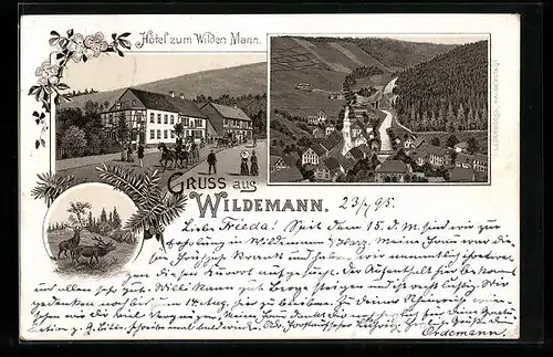 Vorläufer-Lithographie Wildemann, Hotel zum Wilden Mann, Ortsansicht 1895