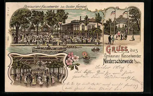 Lithographie Berlin-Niederschöneweide, Restaurant Hasselwerder, Innenansicht, Eingang