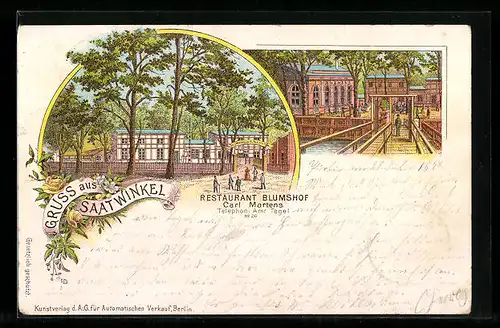 Lithographie Berlin-Tegel, Restaurant Blumshof im Saatwinkel, Brücke