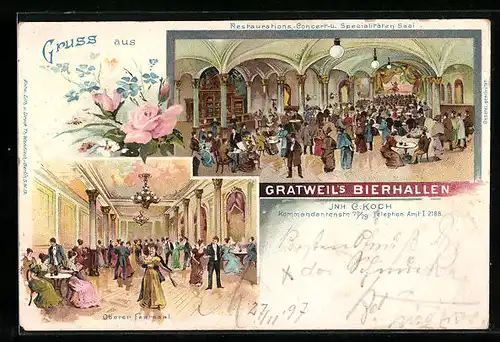 Lithographie Berlin, Gasthaus Gratweil`s Bierhallen, Kommandantenstrasse 77-79, Inneres oberer Festsaal