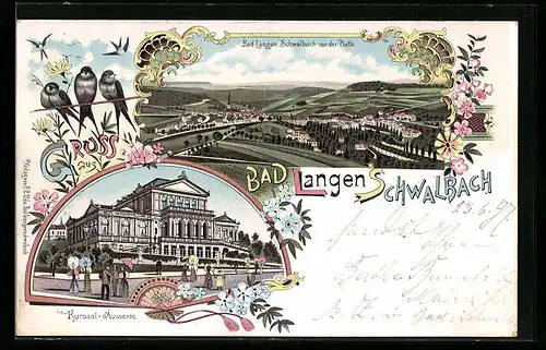 Lithographie Bad Langenschwalbach, Kursaal Äusseres, Teilansicht von der Platte