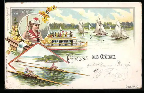 Lithographie Grünau, Uferpartie mit Segelbooten, Ruderboote