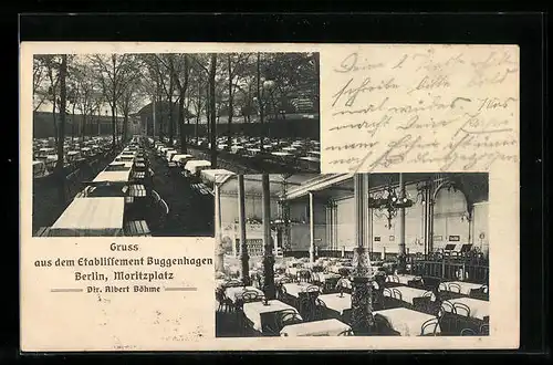 AK Berlin, Gasthaus Buggenhagen, Moritzplatz, Innenansicht, Garten