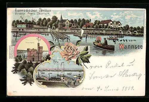 Lithographie Berlin-Wannsee, Gasthaus Schwedischer Pavillon, Villa Hardi, Ausblick auf den See