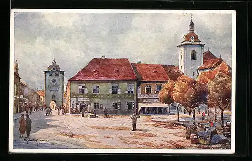 Künstler-AK Beraun, Marktplatz