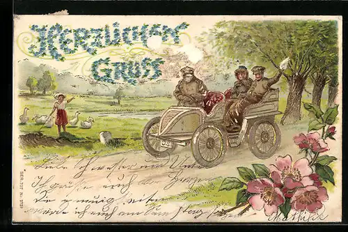 Präge-Lithographie Paar im Auto fährt auf einer Landstrasse, Im Hintergrund Gänsemädchen