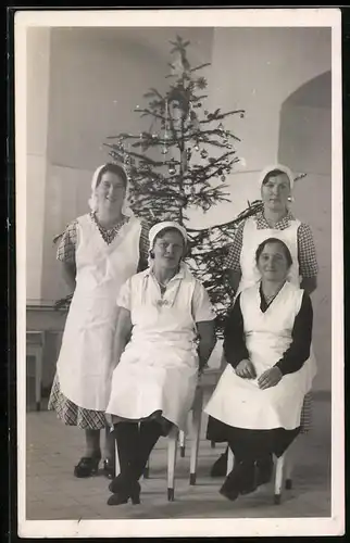 Fotografie Weihnachten, Hausdamen vor Weihnachtsbaum