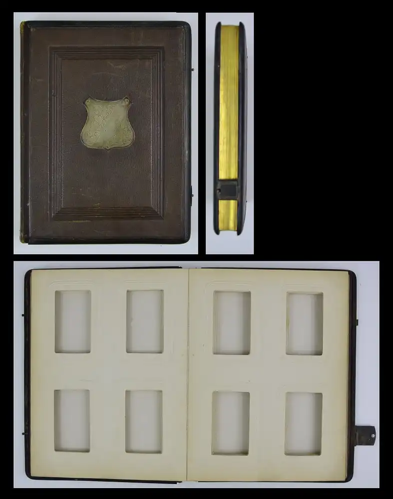 Fotoalbum Biedermeier Ledereinband, Metall-Kantenbeschläge, Metallschliesse, 26 Seiten Goldschnitt für CDV-Foto 0