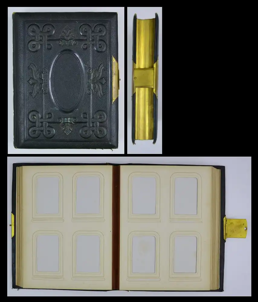 Fotoalbum Gründerzeit Ledereinband & Relief-Verzierungen, 40 Seiten mit Goldschnitt für CDV - & Kabinettfotos, Schliesse 0
