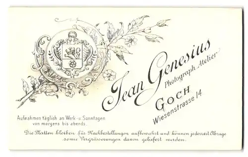 Fotografie Jean Genesius, Goch, Wisenstr. 14, Stadtwappen von Goch und Anschrift des Fotografen