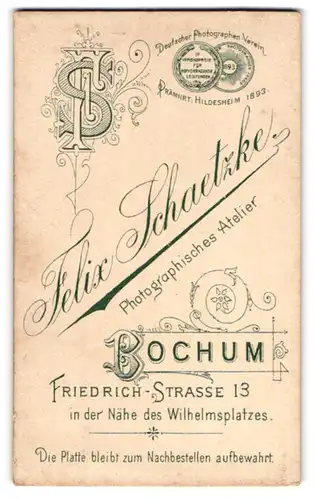 Fotografie Felix Schaetzke, Bochum, Friedrich-Str. 13, Monogramm des Fotografen nebst prämierten Medaillen