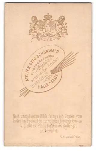 Fotografie Atelier Otto Schönwald, Halle / Saale, Breite Str. 33, königliches Wappen über Anschrift des Fotografen