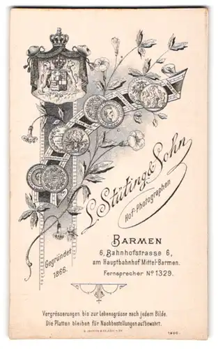 Fotografie L. Stüting & Sohn, Barmen, Bahnhofstr. 6, königliches Wappen und Medaillen