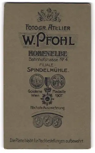 Fotografie W. Pfohl, Hohenelbe, Bahnhofstr. 4, königliches Wappen und Medaillen mit Anschrift des Atelier
