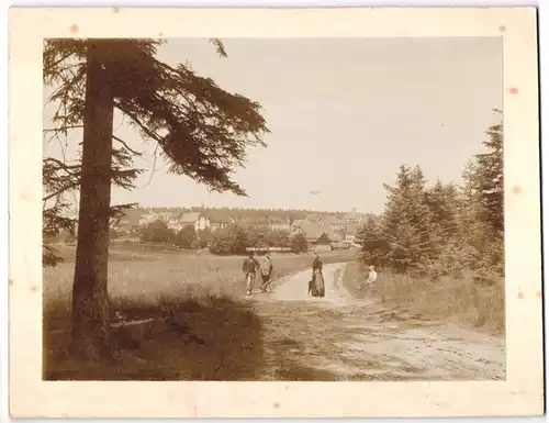 Fotografie unbekannter Fotograf, Ansicht Königsfeld i. Schwarzwald, Ehepaar Seitz spaziert zum Ort, Grossformat 26 x 20cm