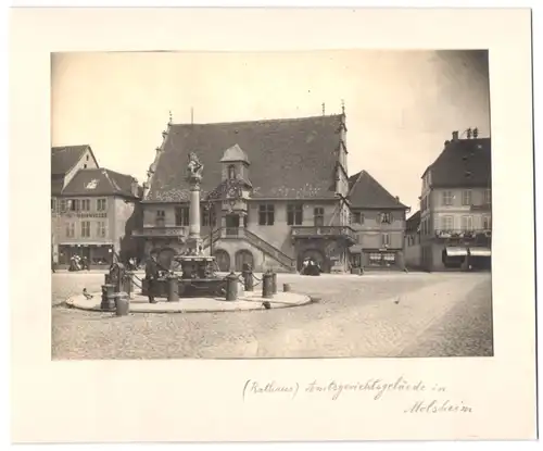Fotografie Fototgraf unbekannt, Ansicht Molsheim, Blick auf den Marktplatz mit Amtsgerichtsgebäude und Grendelbrunne