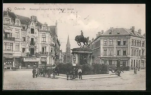 AK Ostende, Monument Leopold Ier et l`Eglise St. Joseph