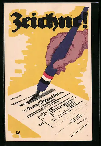 AK Hand mit Federhalter zeichnet Kriegsanleihe