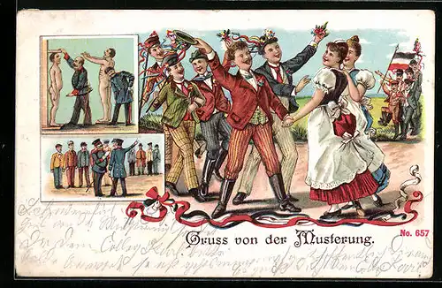 Lithographie Gruss von der Musterung, Fröhliche Männer und Frauen