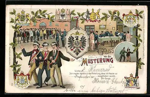 Lithographie Studenten vor und bei der Musterung, Reichsadler, Gruss von der Musterung