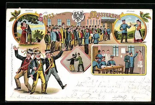 Lithographie Gruss von der Musterung, Abschied, Urlaub