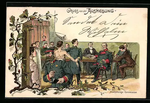 Lithographie Gruss von der Aushebung, Vor der Aushebungs-Commission