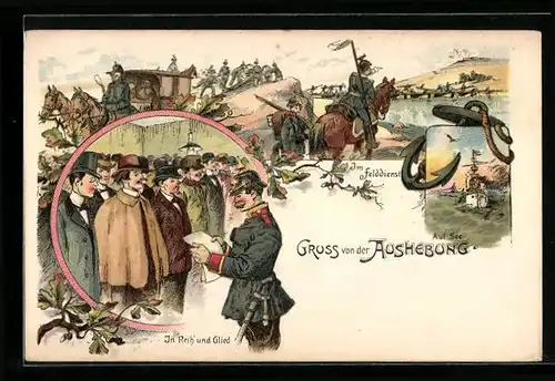 Lithographie Gruss von der Aushebung, In Reih und Glied, Im Felddienst