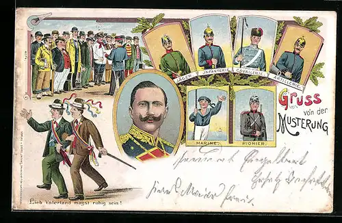 Lithographie Gruss von der Musterung, Kaiser Wilhelm II.