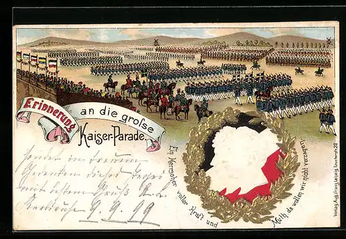 Lithographie Erinnerung an die grosse Kaiser-Parade, Portrait des Kaiserpaares