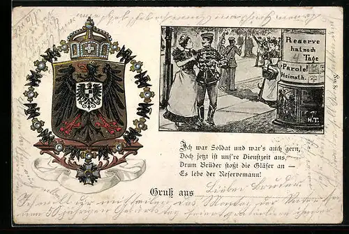 Lithographie Reservisten beim Spaziergang mit Damen, Wappen