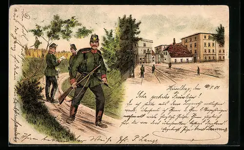 Lithographie Infanterist mit Bajonett auf dem Marsch