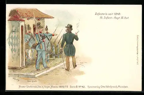 Lithographie Histor. Uniformen des k. bayer. Heeres 1800 /73, Infanterie seit 1848: 15. Inf.-Rgt. III. Bat.