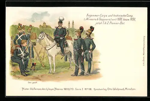 Lithographie Ingenieur-Corps und technische Comp., Soldaten in historischen Uniformen des k. bayer. Heeres 1800 /73