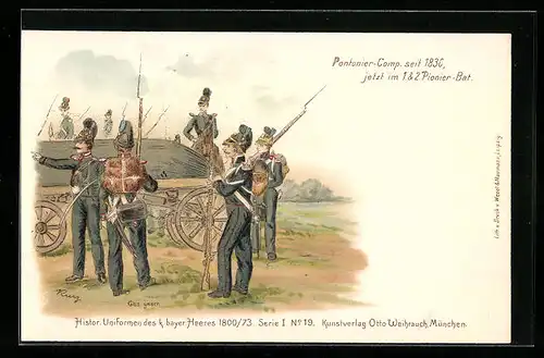 Lithographie Regiment Pontonier-Comp., Soldaten in historischen uniformen mit Gewehr
