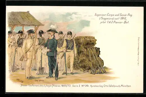 Lithographie Soldaten des 1. u. 2. Pionier-Bat. in Uniform