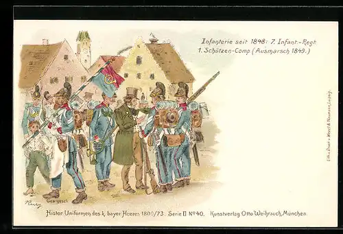 Lithographie Ausmarsch 1849, Uniformen des 7. Inf.- Regiments 1. Schützen-Comp.