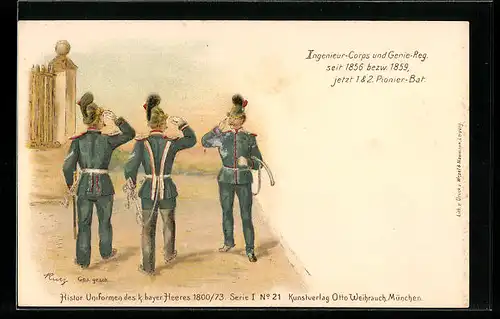 Lithographie Salutierende Soldaten in Uniform, Ingenieur-Corps und Genie-Regiment, 1. u. 2. Pionier-Bat.