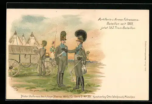 Lithographie Artillerie- und Armee-Fuhrwesens Bataillon, Soldaten in Uniform