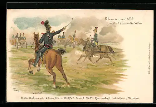Lithographie Regiment Fuhrwesen, Soldaten zu Pferd in historischen Uniformen des k. bayr. Heeres